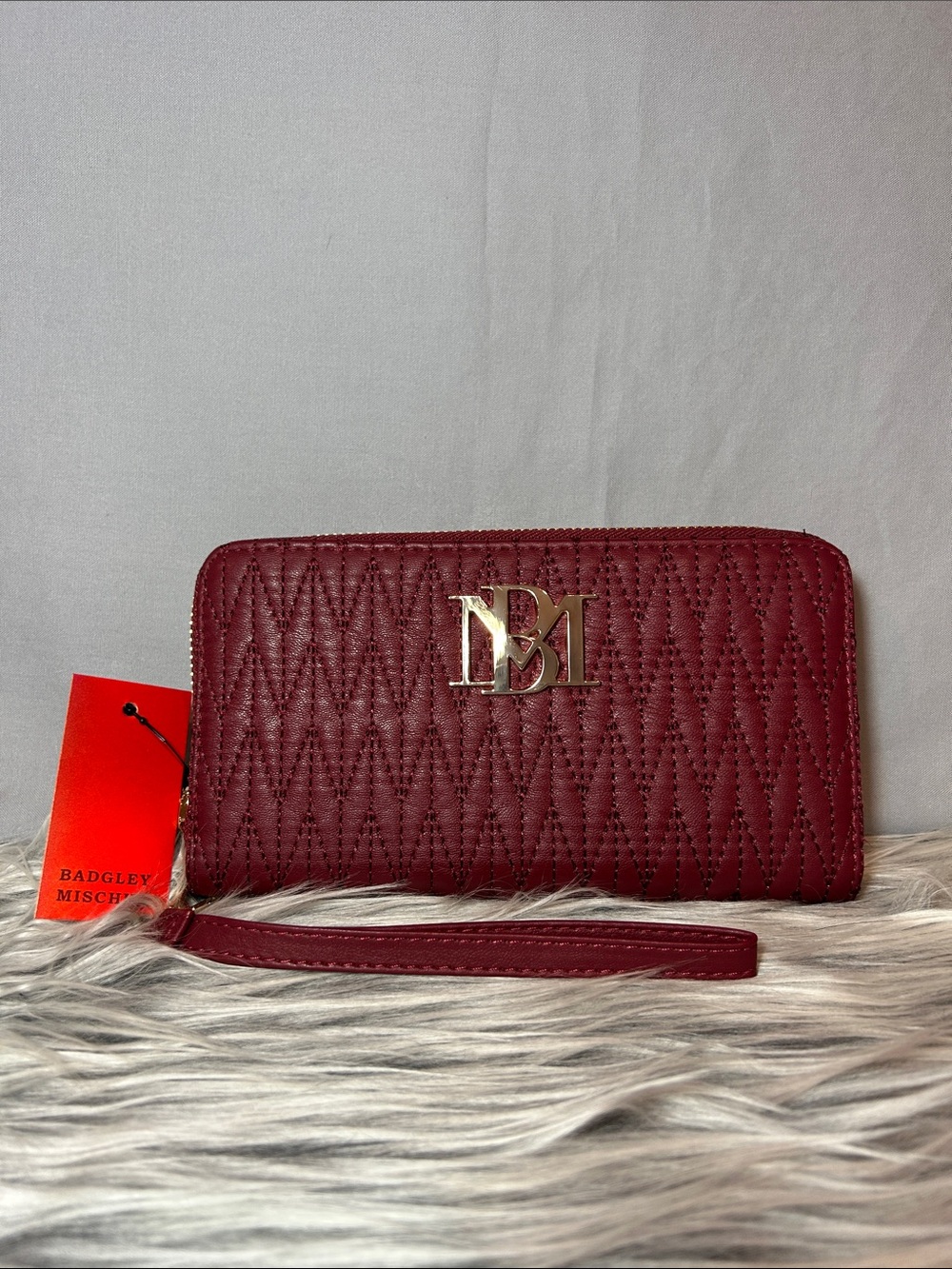 Badgley Mischka Quilted Wine Zip-Around Long Wristlet Wallet with Gold Logo